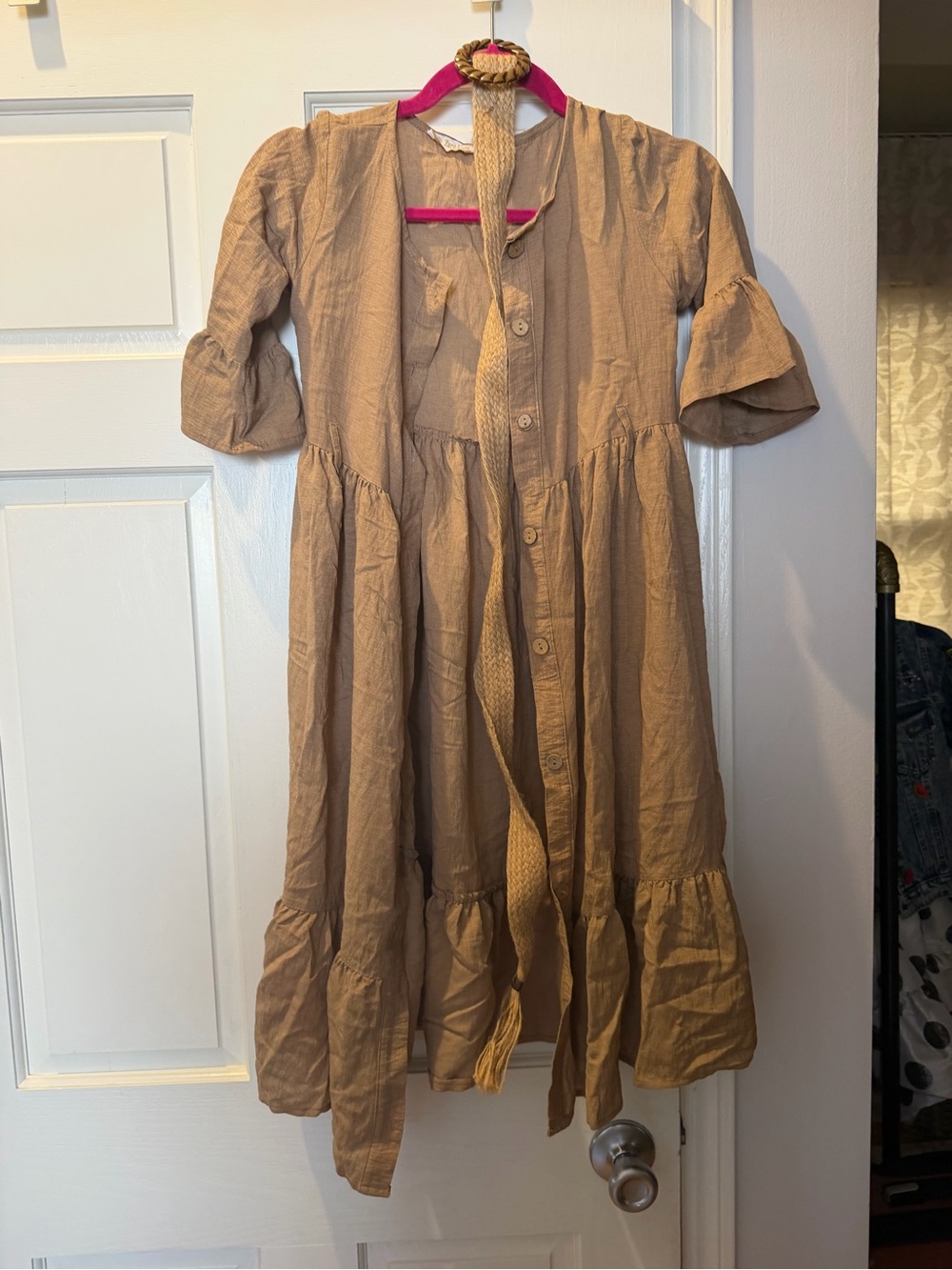 Girls Tan Button-Front Ruffle Dress with Tie